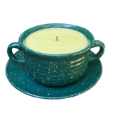 Citronella Lemongrass Essential Oil Soy Candles Handmade Upcycled Reusable Hunter Green Speckled Crock Mug Candle with Saucer Hemp Wick