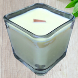 Citronella Lemongrass Soy Candle Wood Wick Essential Oil Upcycled Reusable Square Clear Glass Container