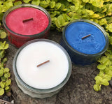 Soy Candle Wood Wick Red White and Blue Patriotic Made in USA Upcycled Reusable Clear Glass Containers