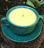 Citronella Lemongrass Essential Oil Soy Candles Handmade Upcycled Reusable Hunter Green Speckled Crock Mug Candle with Saucer Hemp Wick