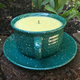 Citronella Lemongrass Essential Oil Soy Candles Handmade Upcycled Reusable Hunter Green Speckled Crock Mug Candle with Saucer Hemp Wick