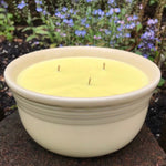 Citronella Lemongrass Soy Candles Upcycled Pale Yellow Pottery Bowl Organic Hemp Wicks Essential Oils