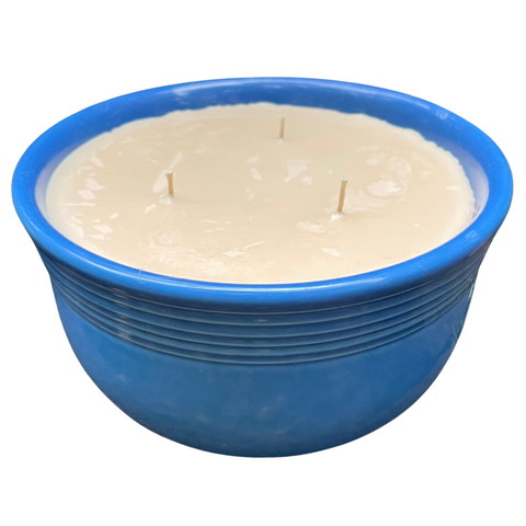Vanilla Scented Soy Candle Handmade Upcycled 22oz Medium Blue Ceramic Bowl w/ 3 Organic Hemp Wicks