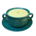 Citronella Lemongrass Essential Oil Soy Candles Handmade Upcycled Reusable Hunter Green Speckled Crock Mug Candle with Saucer Hemp Wick