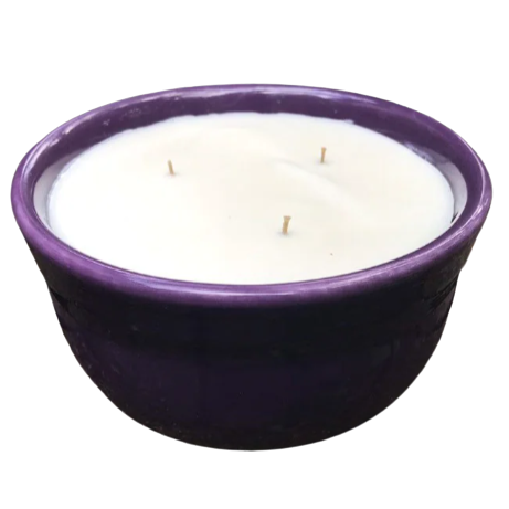 Soy Candles Handmade Upcycled Purple Ceramic Bowl w/ 3 Organic Hemp Wicks