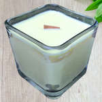 Citronella Lemongrass Soy Candle Wood Wick Essential Oil Upcycled Reusable Square Clear Glass Container