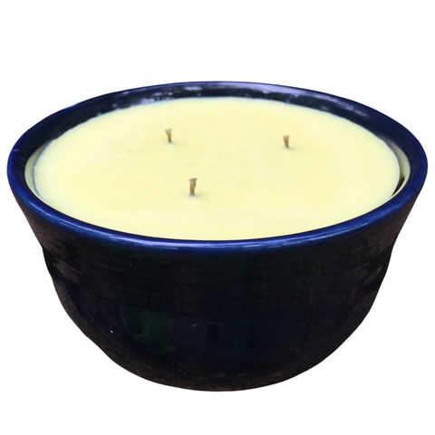 Citronella Lemongrass Soy Candle Upcycled Navy Blue Ceramic Bowl Hemp Wicks