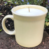 Pale Yellow C Handle Ceramic Coffee Cup with Choice of Scents and an organic beeswax coated hemp wick,