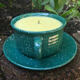 Citronella Lemongrass Essential Oil Soy Candles Handmade Upcycled Reusable Hunter Green Speckled Crock Mug Candle with Saucer Hemp Wick